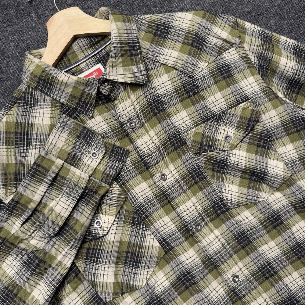 Wrangler Flannel Shirt Mens Large Western Long Sleeve Green Plaid Button Up